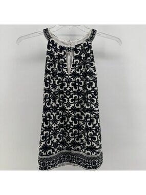 White‎ House Black Market XS Tunic Shift Dress Black White Damask Keyhole